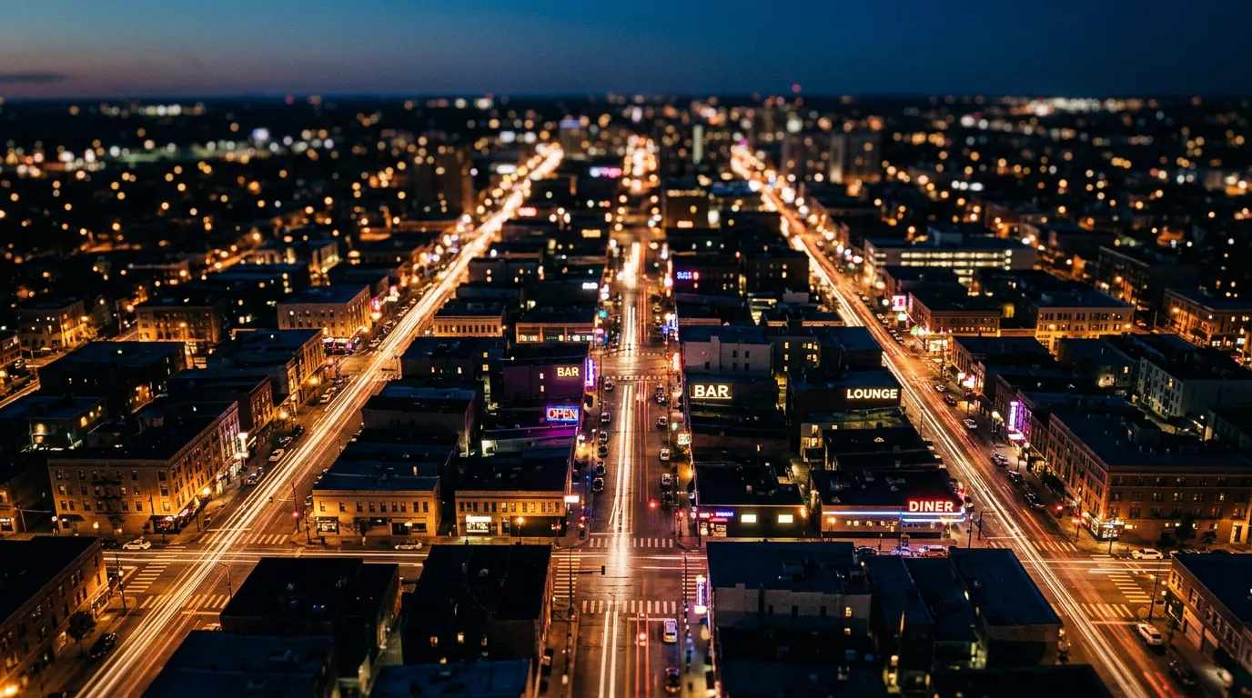An American city grid at dusk with neon-lit streets