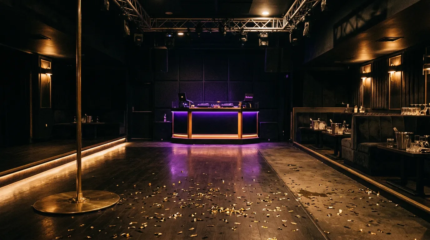 An empty club main floor with a brass pole and a purple-lit DJ booth