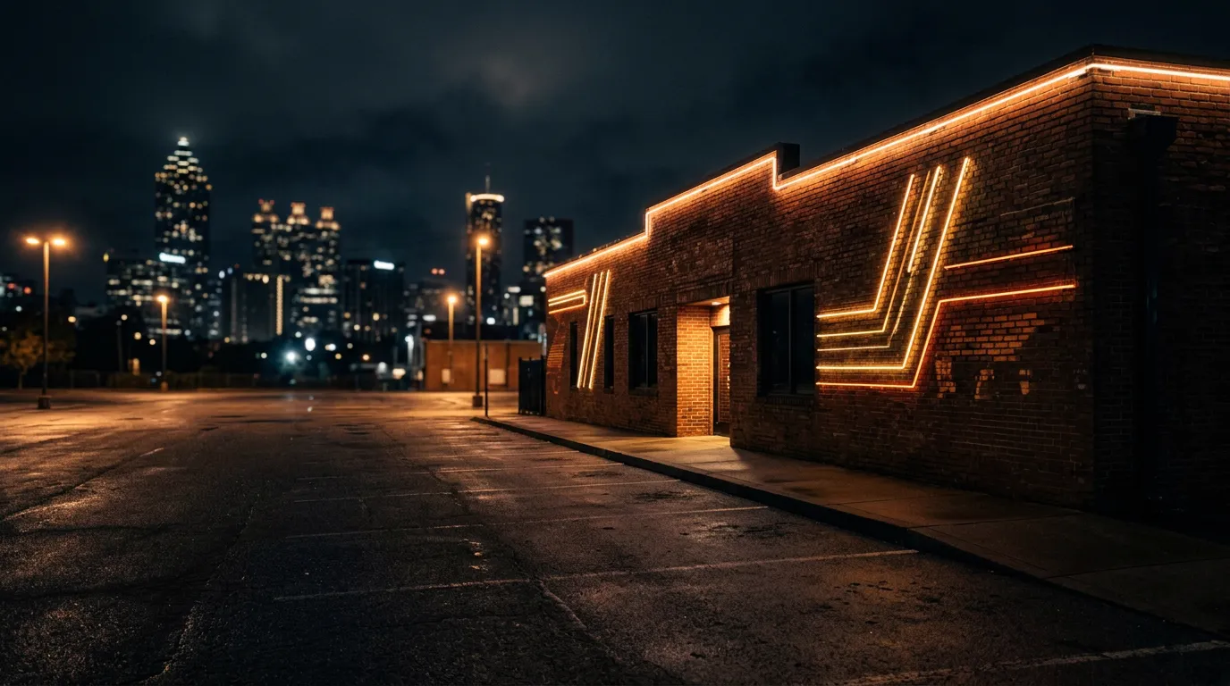 A red-brick club building with neon trim and the Atlanta skyline behind