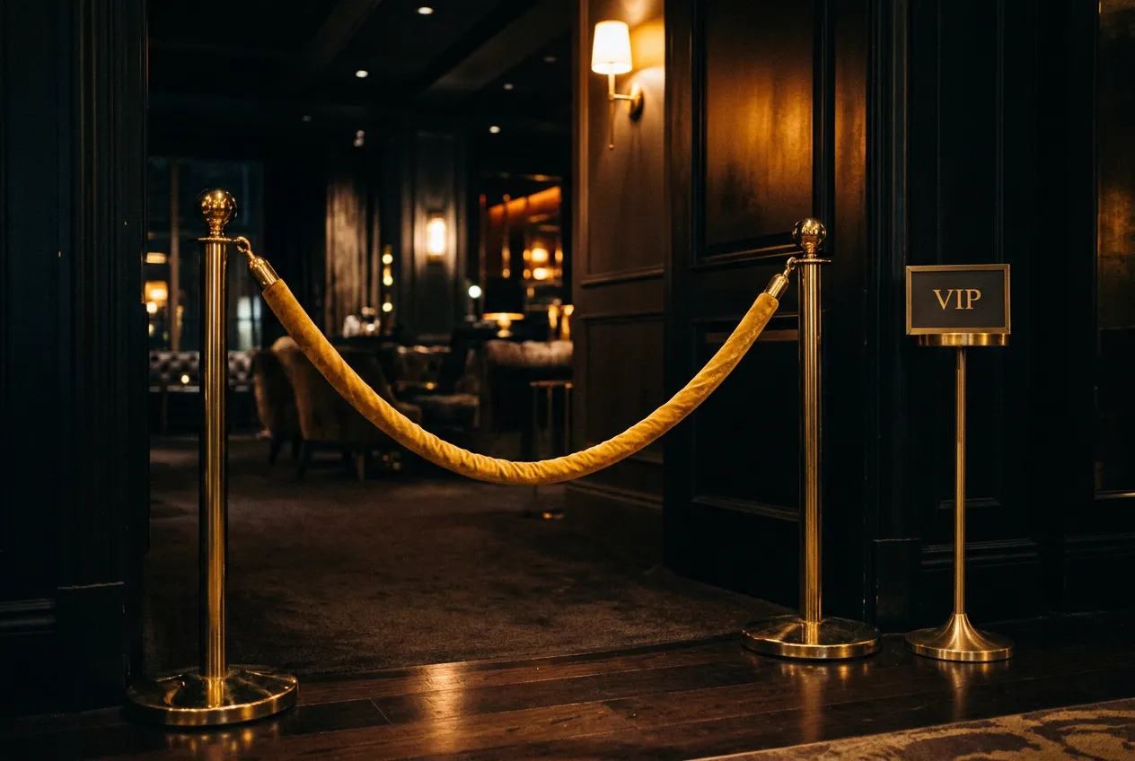 A gold velvet rope and a VIP sign at a lounge entrance
