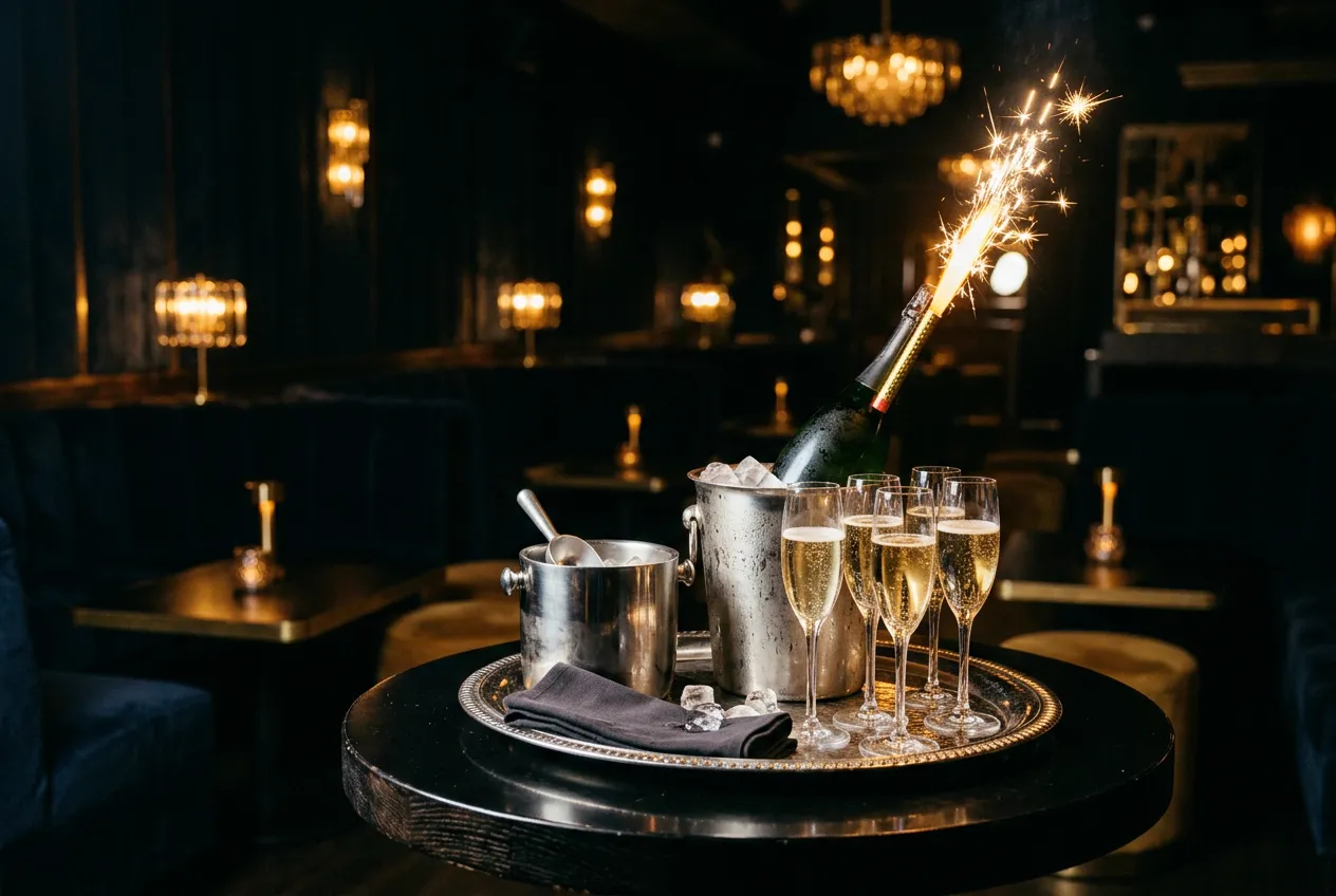 Bottle service with a sparkler, an ice bucket and champagne glasses