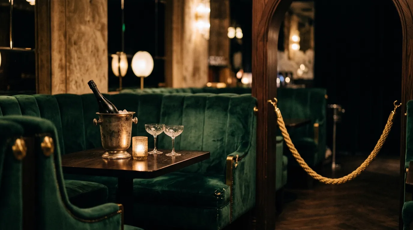 A velvet VIP booth with champagne on ice behind a gold rope