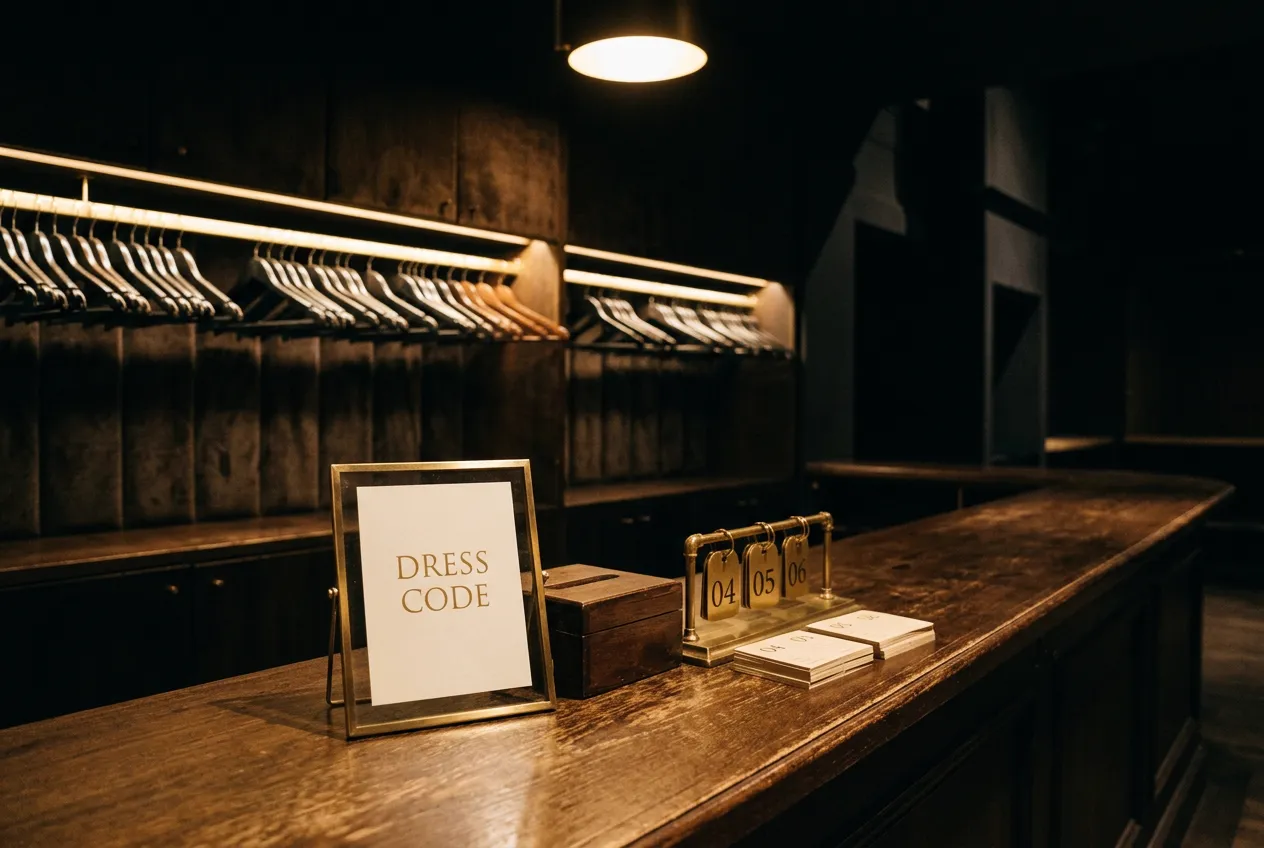 A coat check counter with a DRESS CODE card