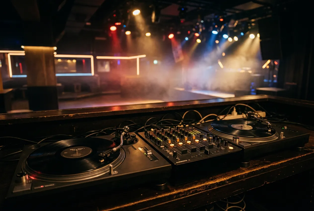 An empty DJ booth with turntables and stage lights