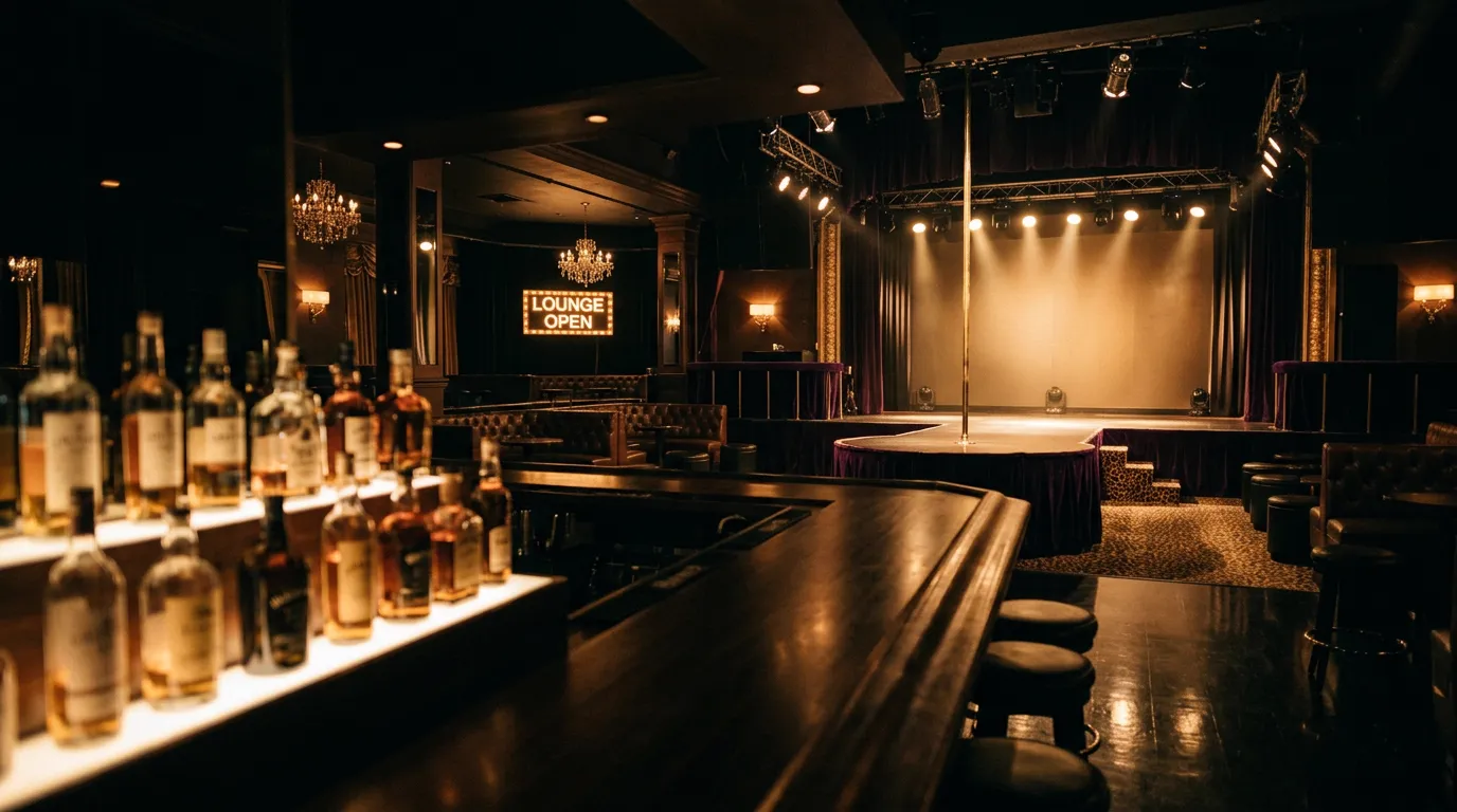 An empty club seen from behind the bar, with the stage in the distance