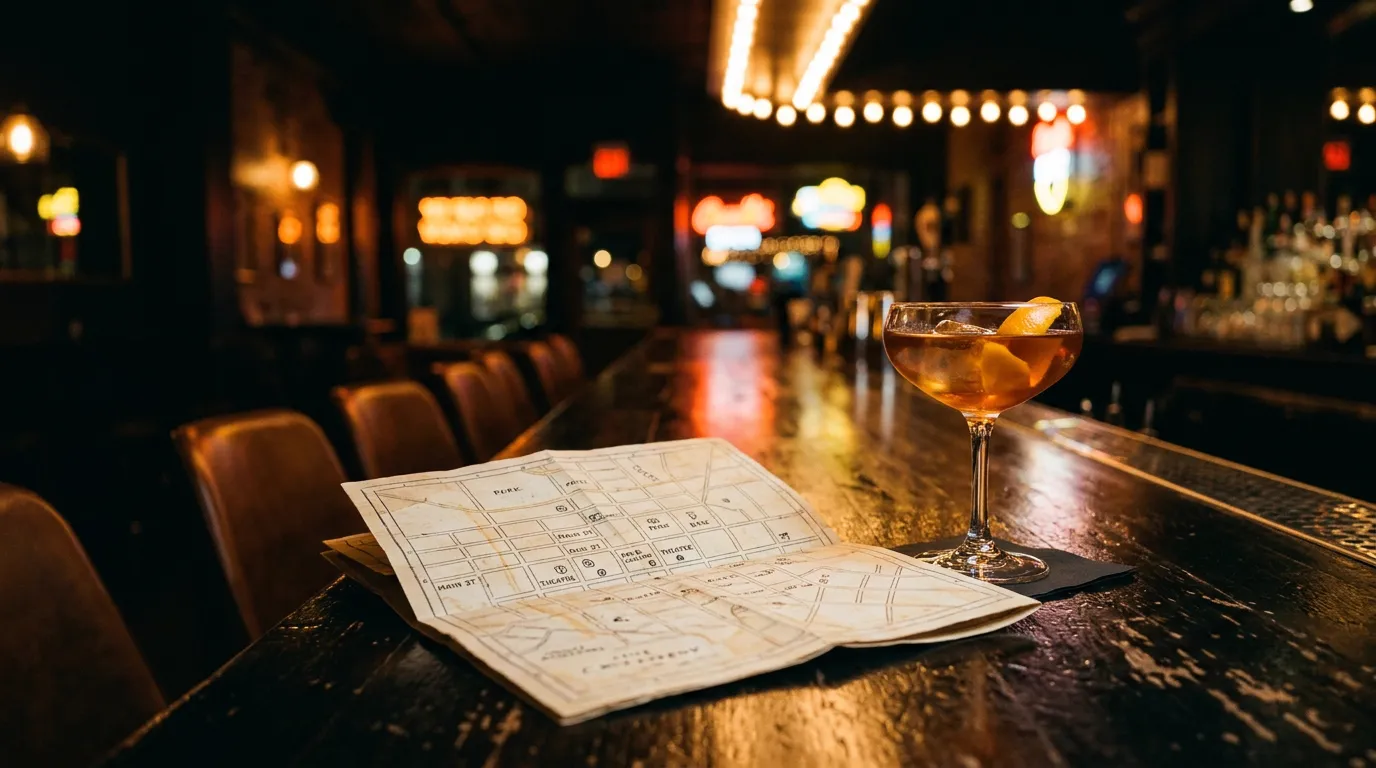 A city map and a cocktail on a bar top