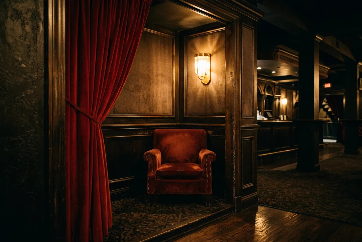 An empty private dance booth with an armchair and a red velvet curtain