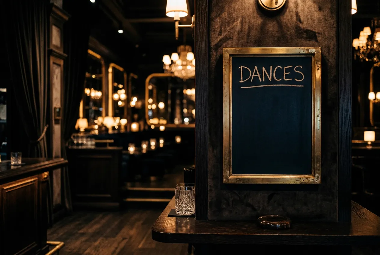 A chalkboard on a club wall headed DANCES