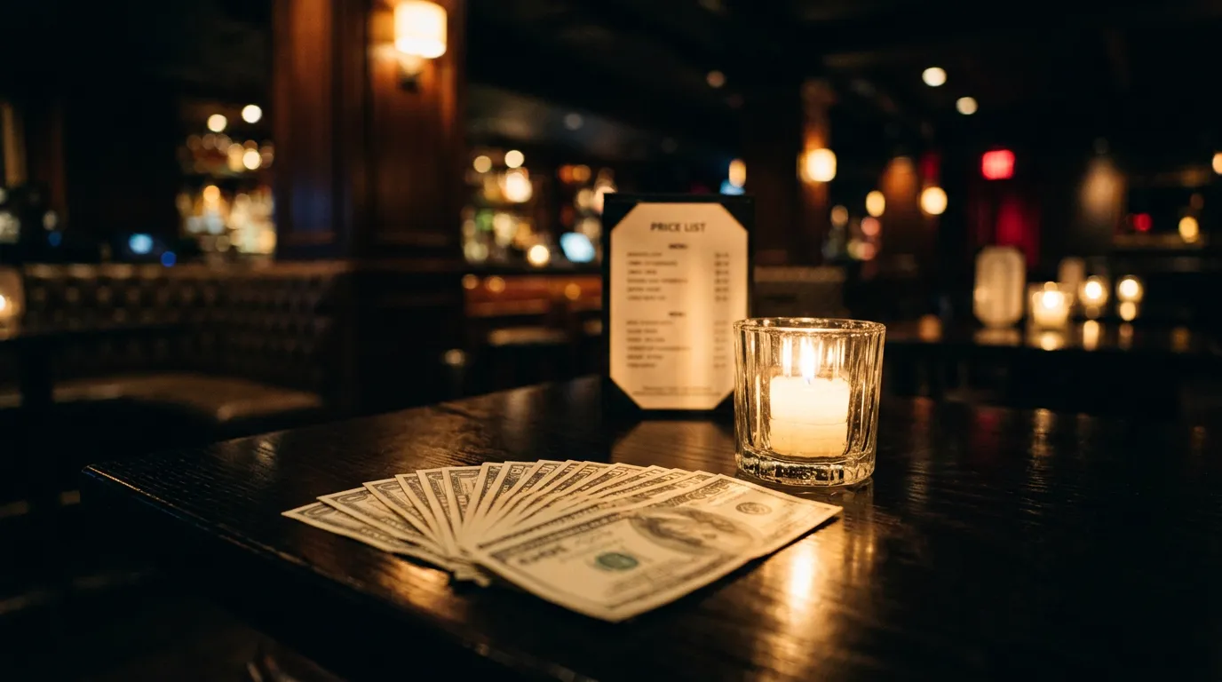 Dollar bills fanned on a club table beside a candle