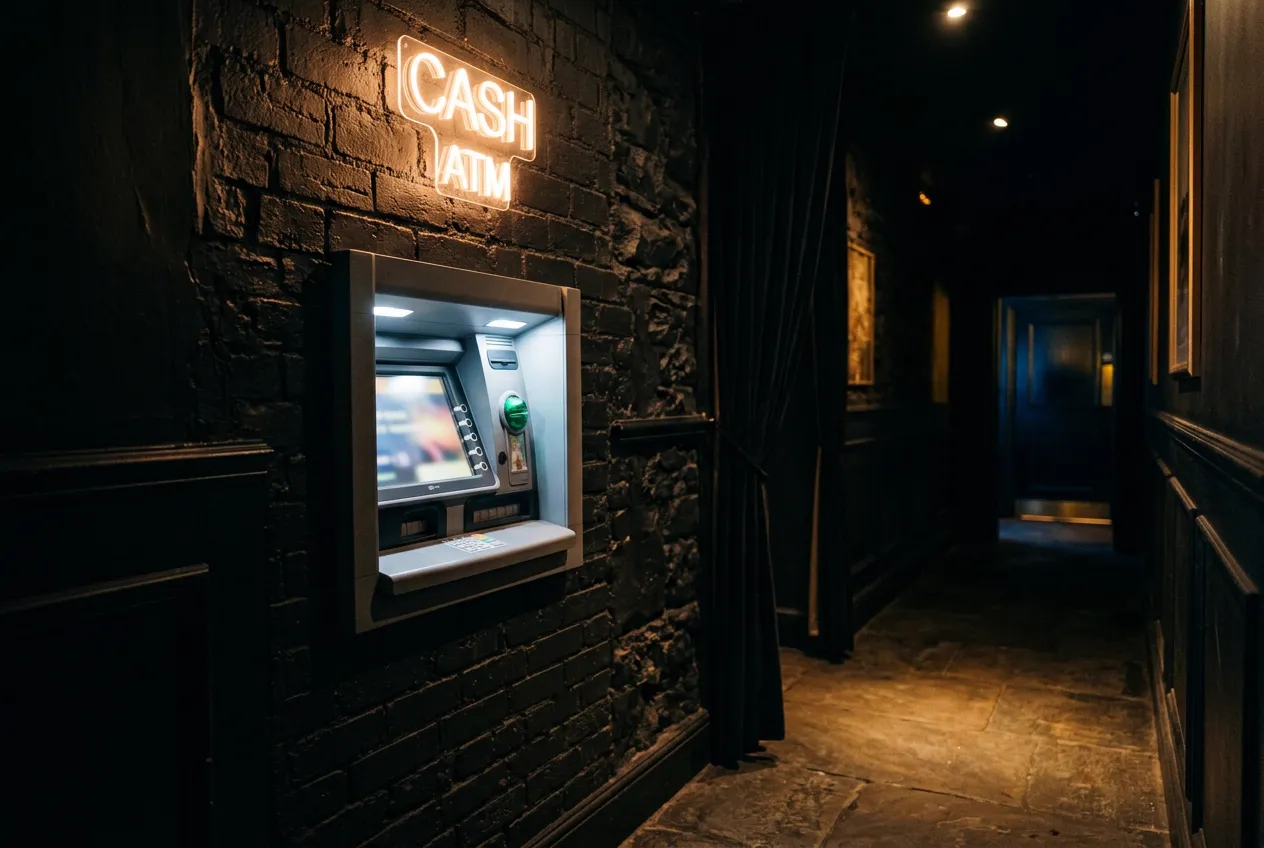 An ATM in a dark club corridor under a neon CASH sign