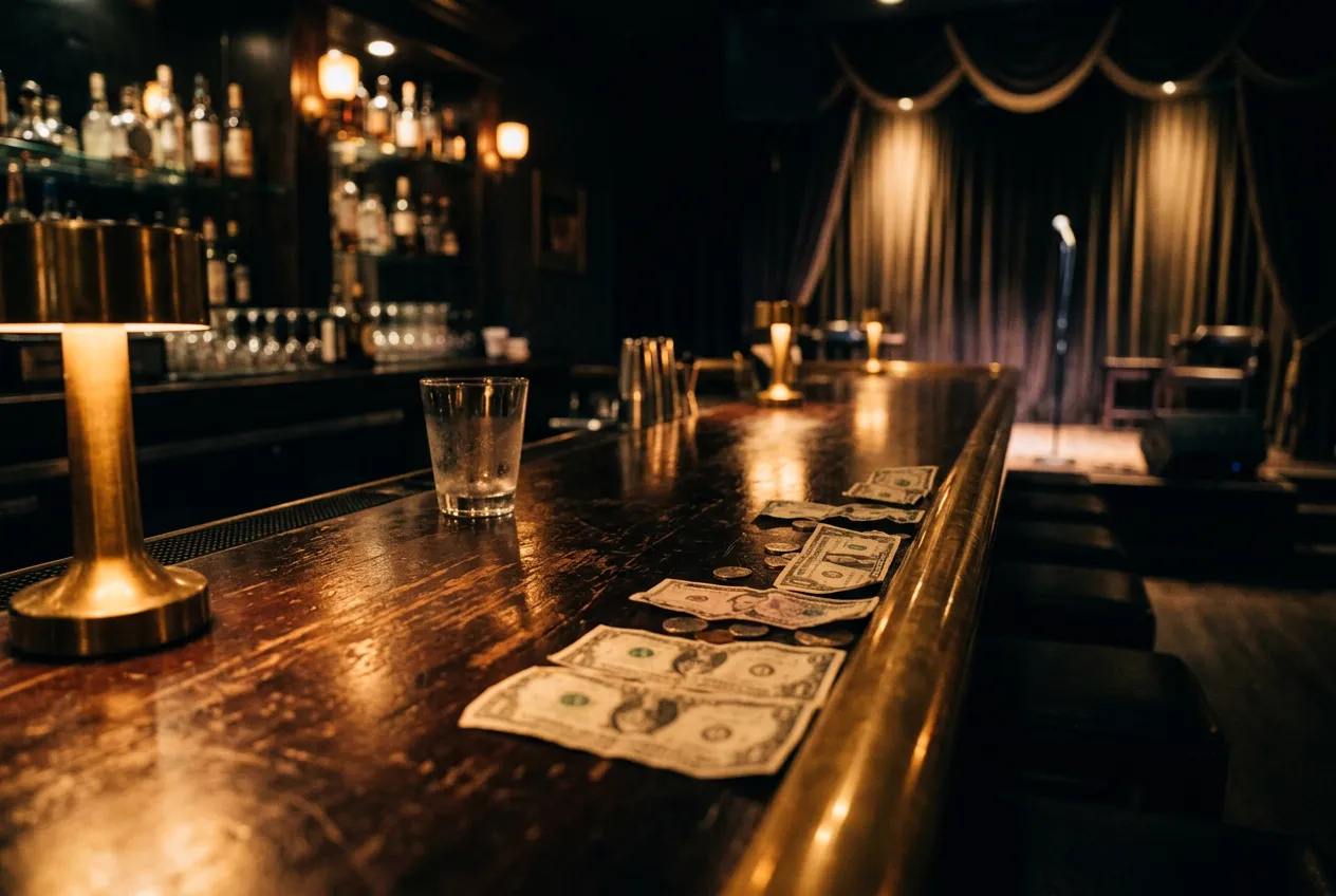 Dollar bills on the tip rail at the edge of a stage