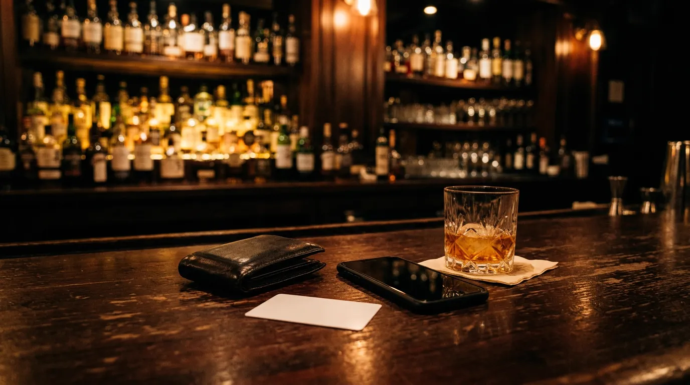 A wallet, a phone and a card on a bar top next to a drink