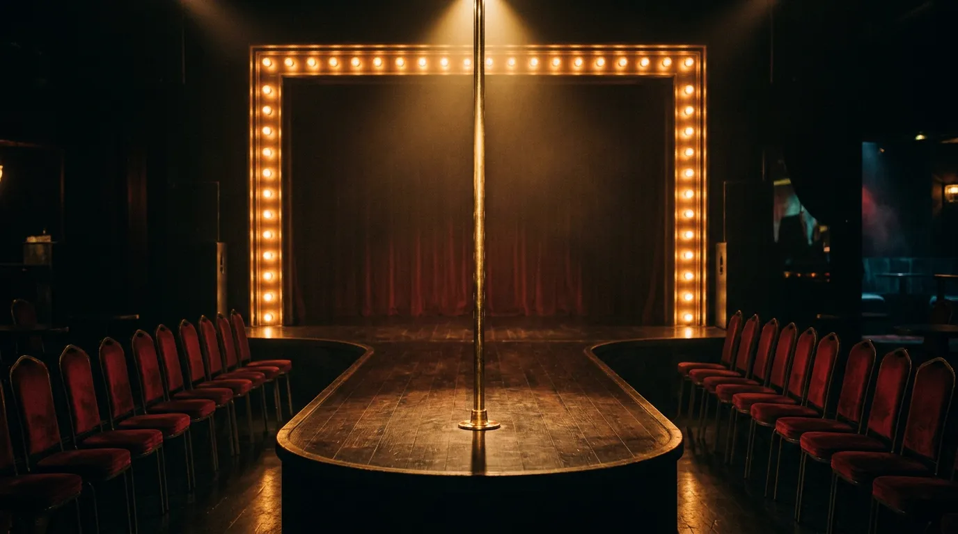An empty strip club stage with a brass pole under a gold spotlight, framed by marquee lights