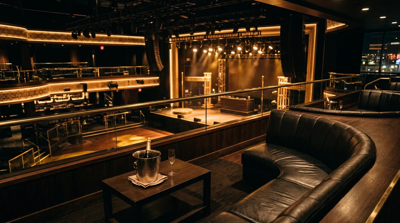 A VIP skybox with champagne on ice overlooking an empty stage