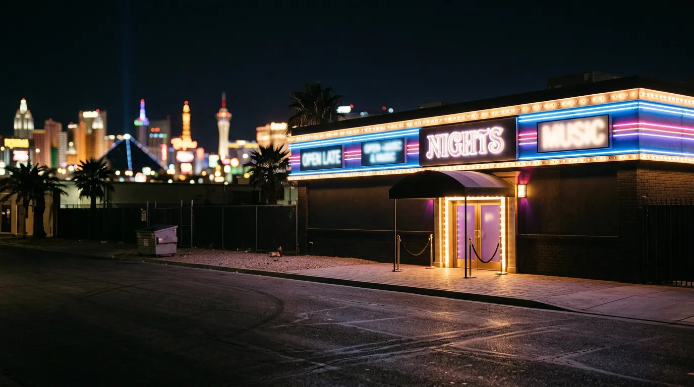 A neon-lit club frontage with the Las Vegas Strip glowing behind it