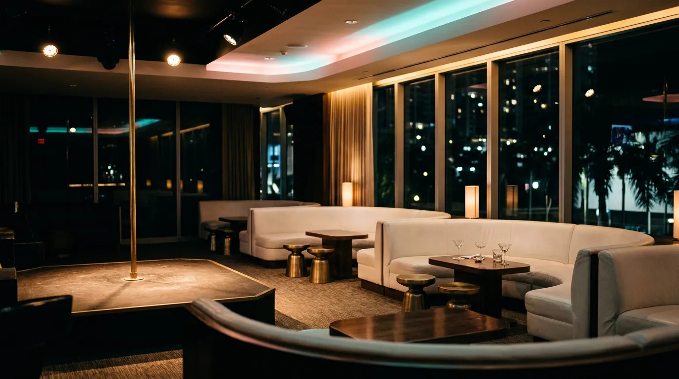 An empty Miami club lounge with white leather booths and a stage