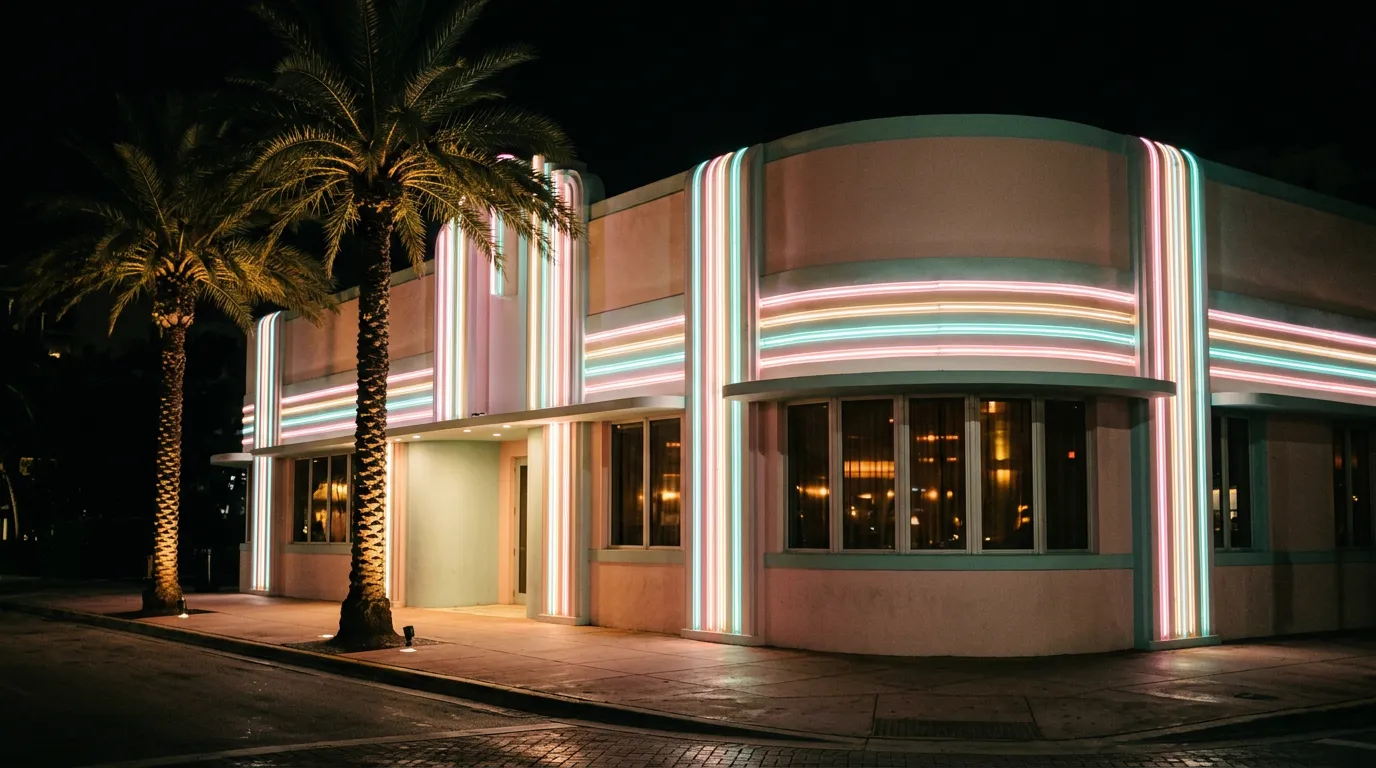 An art-deco club facade with pink and teal neon and palm trees at night