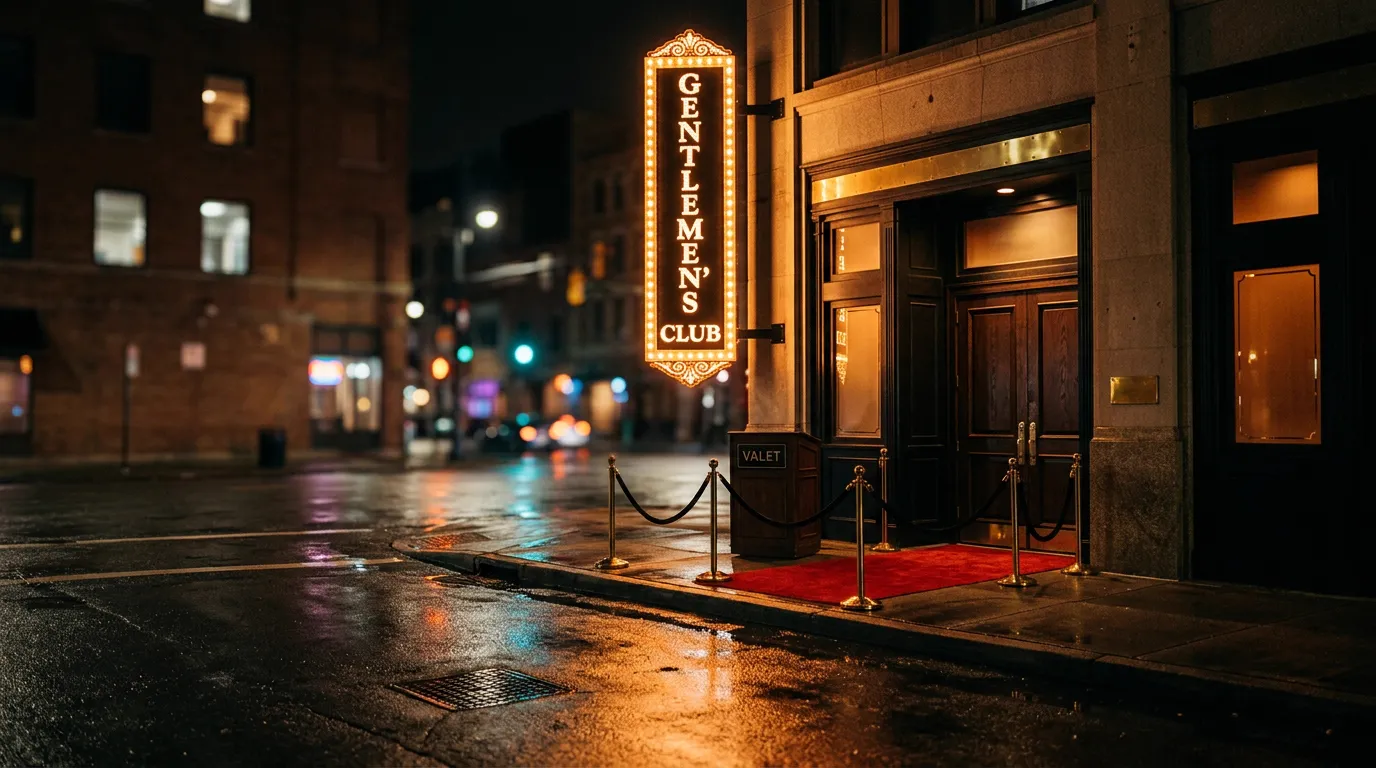 A gentlemen's club entrance at night with a lit vertical marquee sign and a red carpet